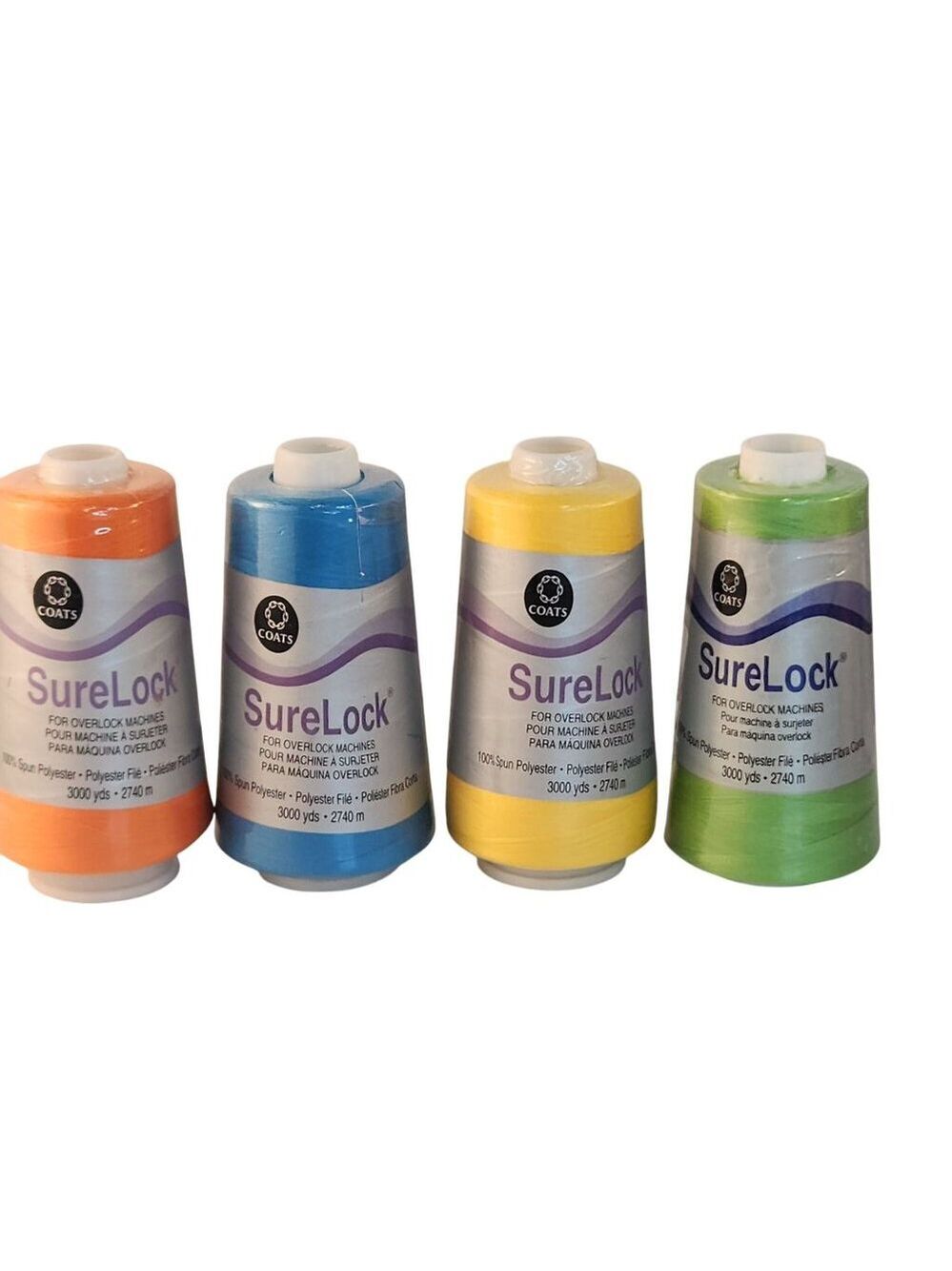 Coats SureLock Overlock Machine Thread 4-Pack 3000 Yards Each Orange Blue Yellow